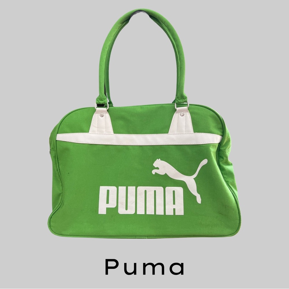 VINTAGE PUMA RETRO DUFFLE BAG - GREEN + WHITE CANVAS WITH LONG SHOULDER STRAPS
